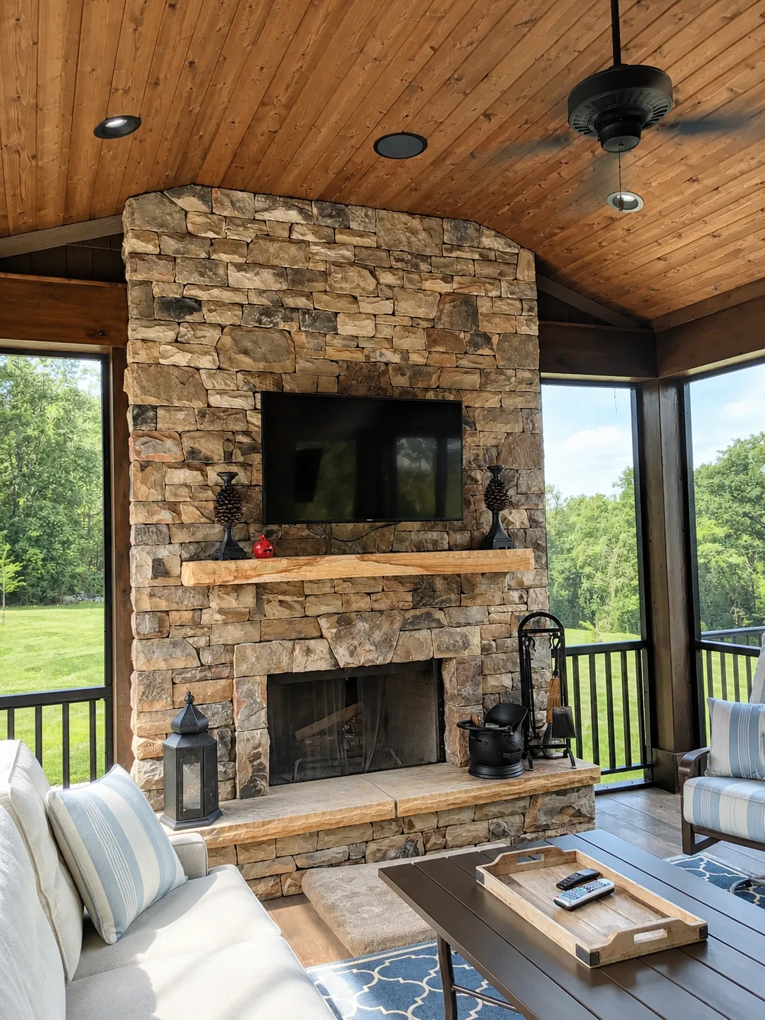 Custom luxury home covered porch built by Higgins Building Group in Western North Carolina