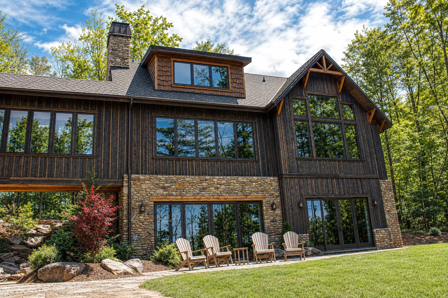 Custom luxury home rear exterior built by Higgins Building Group in Western North Carolina