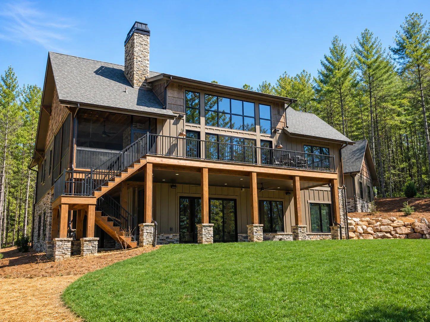 Custom luxury home rear exterior built by Higgins Building Group in Western North Carolina