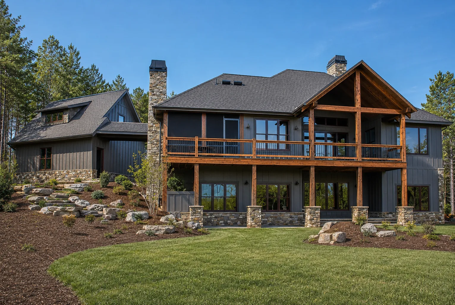 Custom luxury home exterior built by Higgins Building Group in Western North Carolina