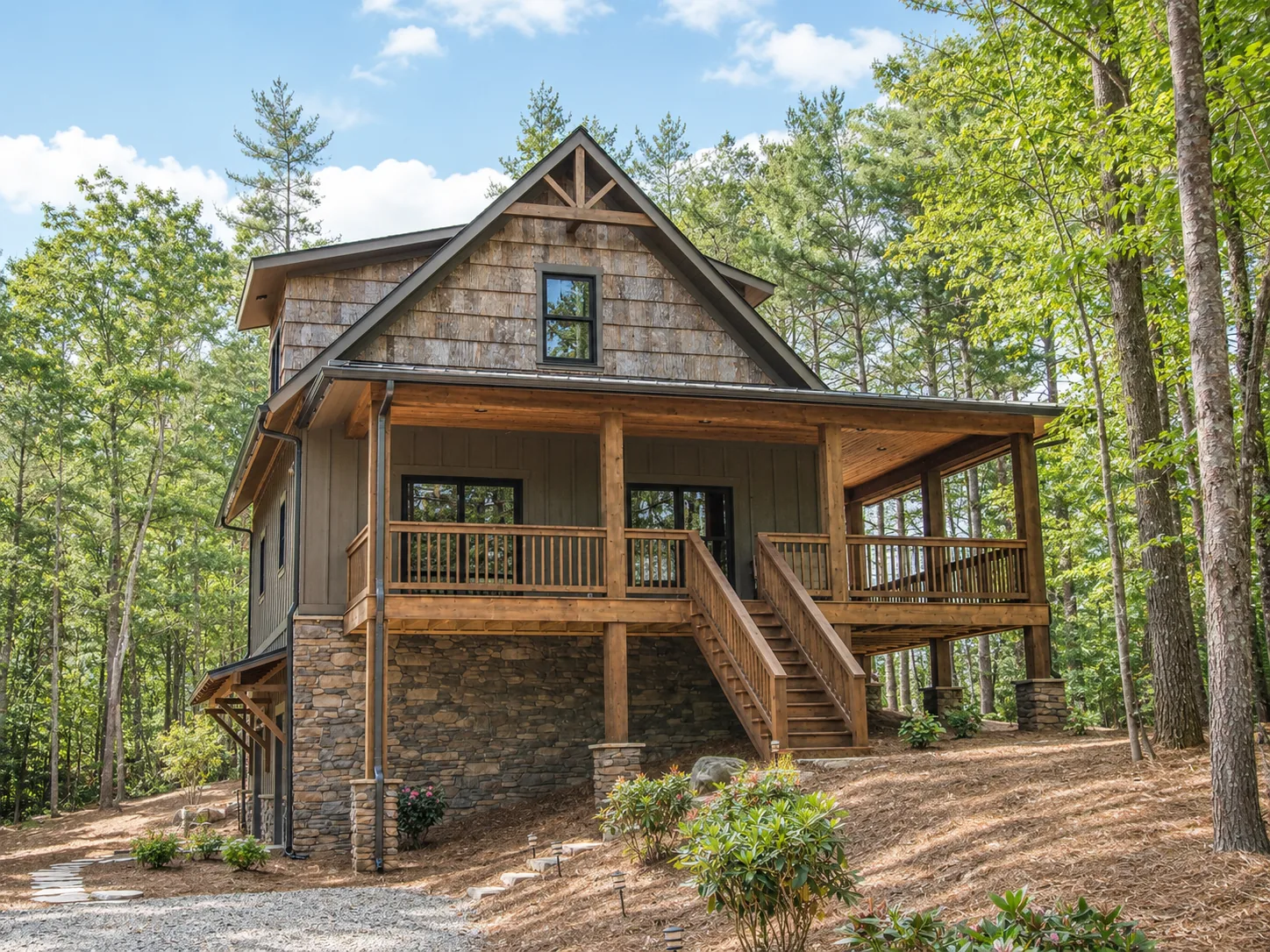Custom luxury home exterior built by Higgins Building Group in Western North Carolina