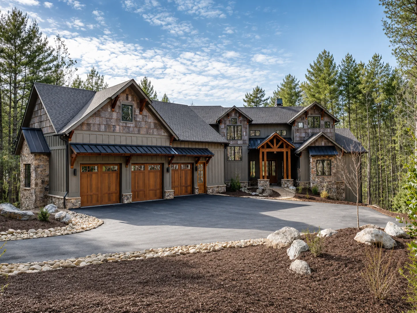 Custom luxury home front exterior built by Higgins Building Group in Western North Carolina