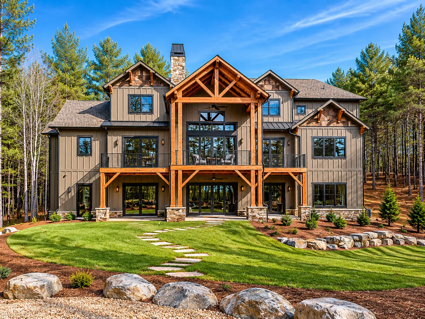 Custom luxury home rear exterior built by Higgins Building Group in Western North Carolina