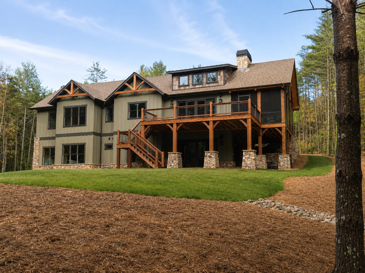 Custom luxury home rear exterior built by Higgins Building Group in Western North Carolina