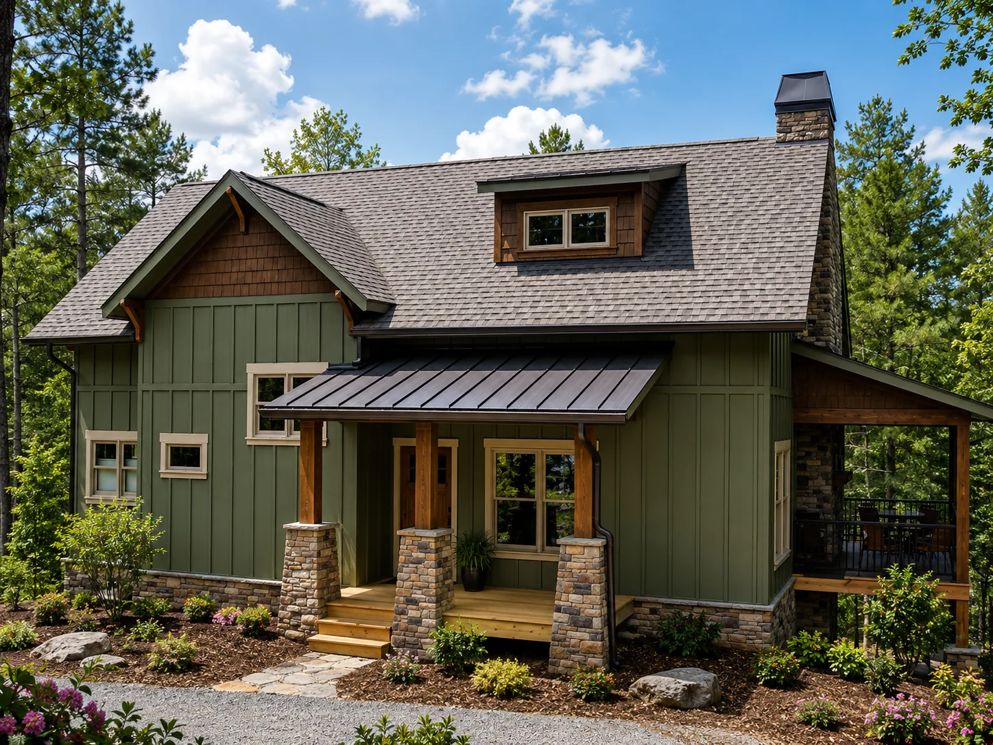 Custom luxury home exterior built by Higgins Building Group in Western North Carolina
